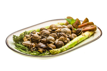 Escargot with asparagus, rosemary, thymus and tomato
