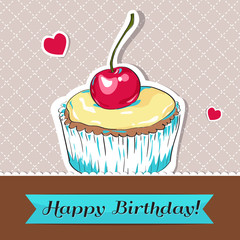Happy Birthday vector greeting card with cupcake