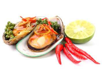 New Zealand green mussels on white background