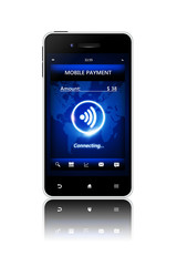 cellphone with mobile payment connection over white