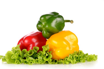 Red Green and Yellow peppers on salad leaf isolated on white bac