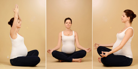 Pregnant woman relax doing yoga, sitting in lotus position