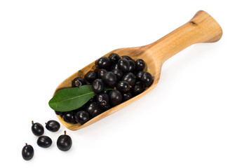 Black elderberries in a wooden scoop