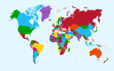 Naklejka premium Światowa mapa, kolorowy kraju atlanta EPS10 wektorowa kartoteka.