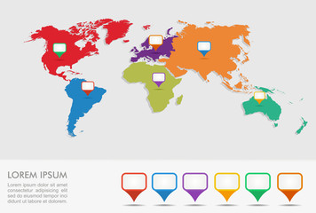 Fototapeta na wymiar World map, geo position pointers infographics EPS10 file.