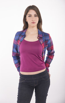 Beautiful young model with brown hair, slim and youthful