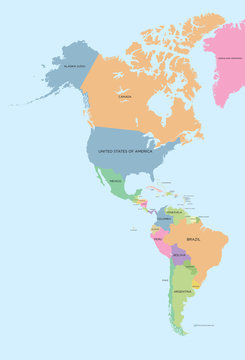 Coloured political map of North and South America