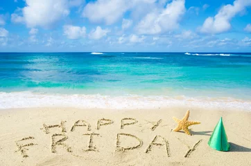 Zelfklevend Fotobehang Sign "Happy Friday" on the sandy beach © ellensmile