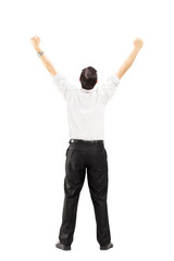Male with raised hands gesturing happiness