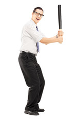 Person with a baseball bat prepared to strike