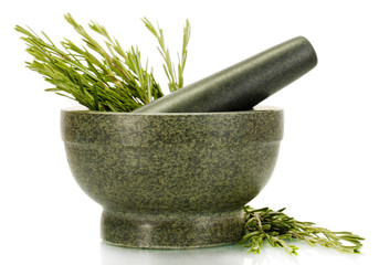 mortar with fresh green  rosemary isolated on white
