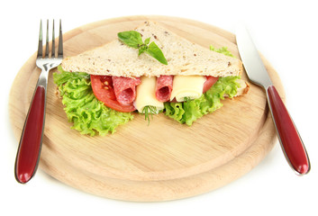 Tasty sandwich with salami sausage and vegetables