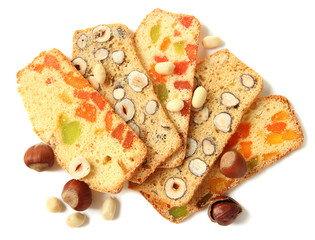 Biscotti with  nuts and candied fruits, isolated on white