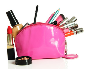 Beautiful make up bag with cosmetics , isolated on white