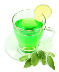 Transparent cup of green tea with sage and lime isolated