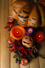 Composition for Halloween with on wooden table close-up