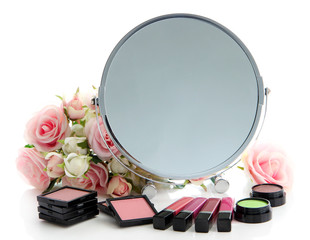 Group decorative cosmetics for makeup and mirror, isolated