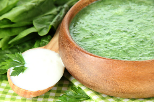 Tasty spinach soup, close up