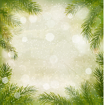 Christmas retro background with tree branches and snowflakes. Ve