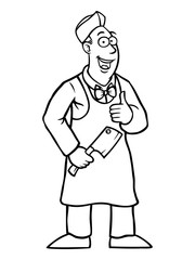 Black and white butcher holding a cleaver and his thumbs up