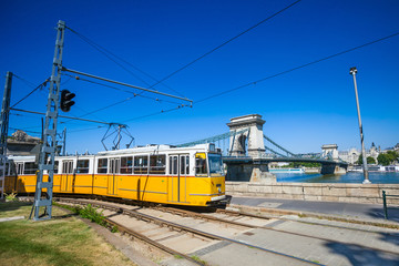 Plakat ¯ółty tramwaj na brzegu Dunaju w Budapeszcie