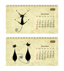 Calendar 2014 with black cats on grunge paper