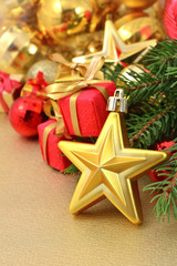 Gold star and Christmas decorations