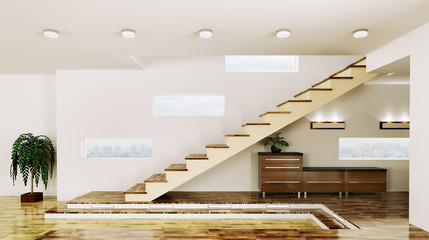 Interior of  hall with staircase 3d render