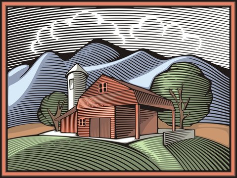 Countrylife and Farming Illustration in Woodcut Style