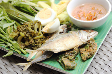 Fried Mackerel fish,chili sauce and fried vegetable