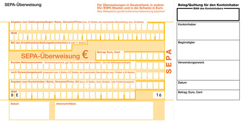 SEPA Euro Überweisungsformular mit Einzahlungsbeleg