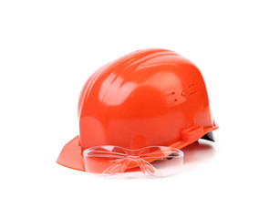 Red hard hat and glasses.