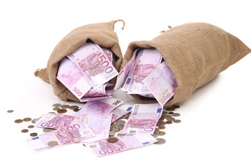 Two sacks with euro and coins.