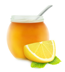 Traditional remedy for winter flu. Honey, lemon and mint in a glass jar with spoon isolated on white background