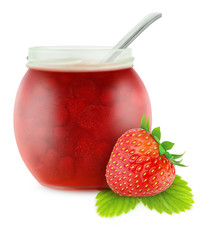 Isolated fruit jam. Open glass jar of strawberry jam with spoon isolated on white background