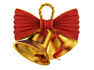 render of golden bells with red bow