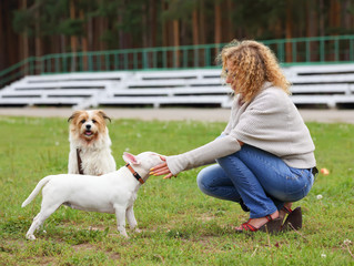 woman caresses a dog