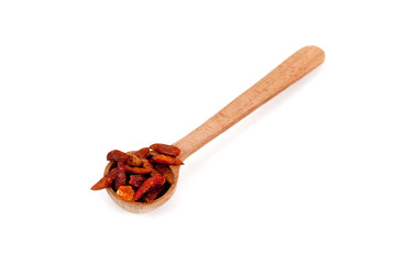 red chili peppers in wooden spoon