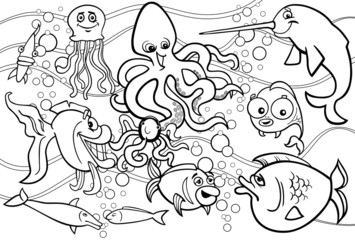 Obraz premium grupa zwierząt morskich do kolorowania