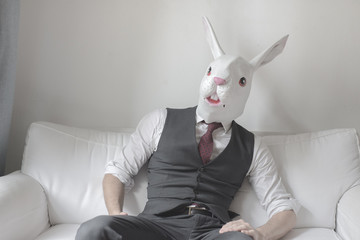 rabbit mask man sitting on sofa