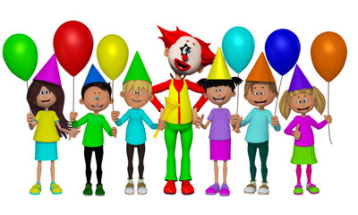 Group of 3d kids, celebrating party with Clown