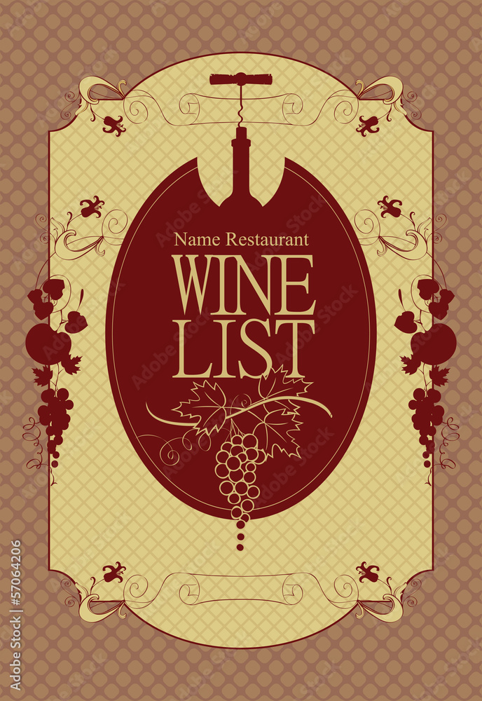 Poster wine menu with bottle and corkscrew with clusters of grapes