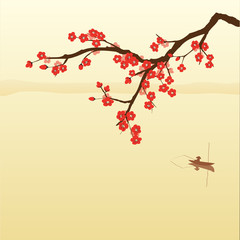Plum blossom and fisherman in Chinese painting style