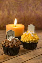 Halloween cupcakes with candle close up