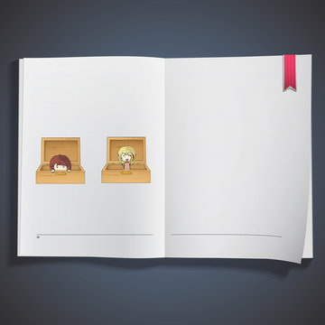 girls inside a wood box printed on book.