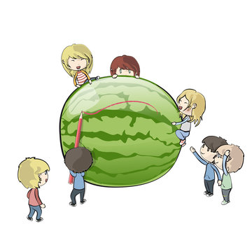 Kids around watermelon.