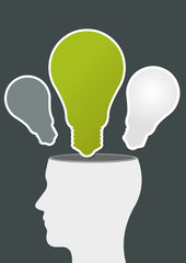 Green template of a human head with light bulb ideas