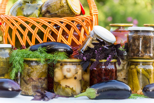 Home canning, canned vegetables outdoors