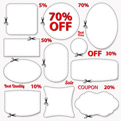 Vector Set: Blank Sale Coupons, labels. Cut off, scissors