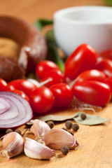 Ingredients tasty homemade breakfast on a pad of cork.